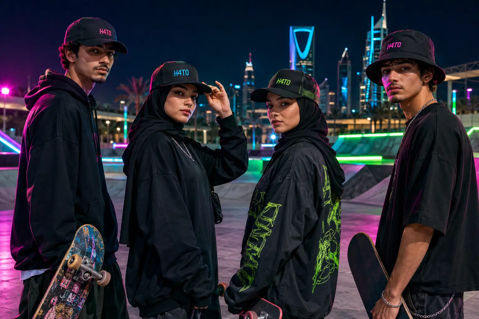 H4T0 cap collection worn by young skaters in Riyadh
